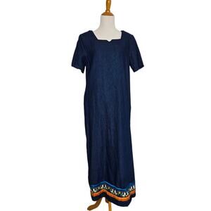 Vintage Denim Maxi Dress 100% Cotton Embroidered Birds Ribbon Hem Women Medium